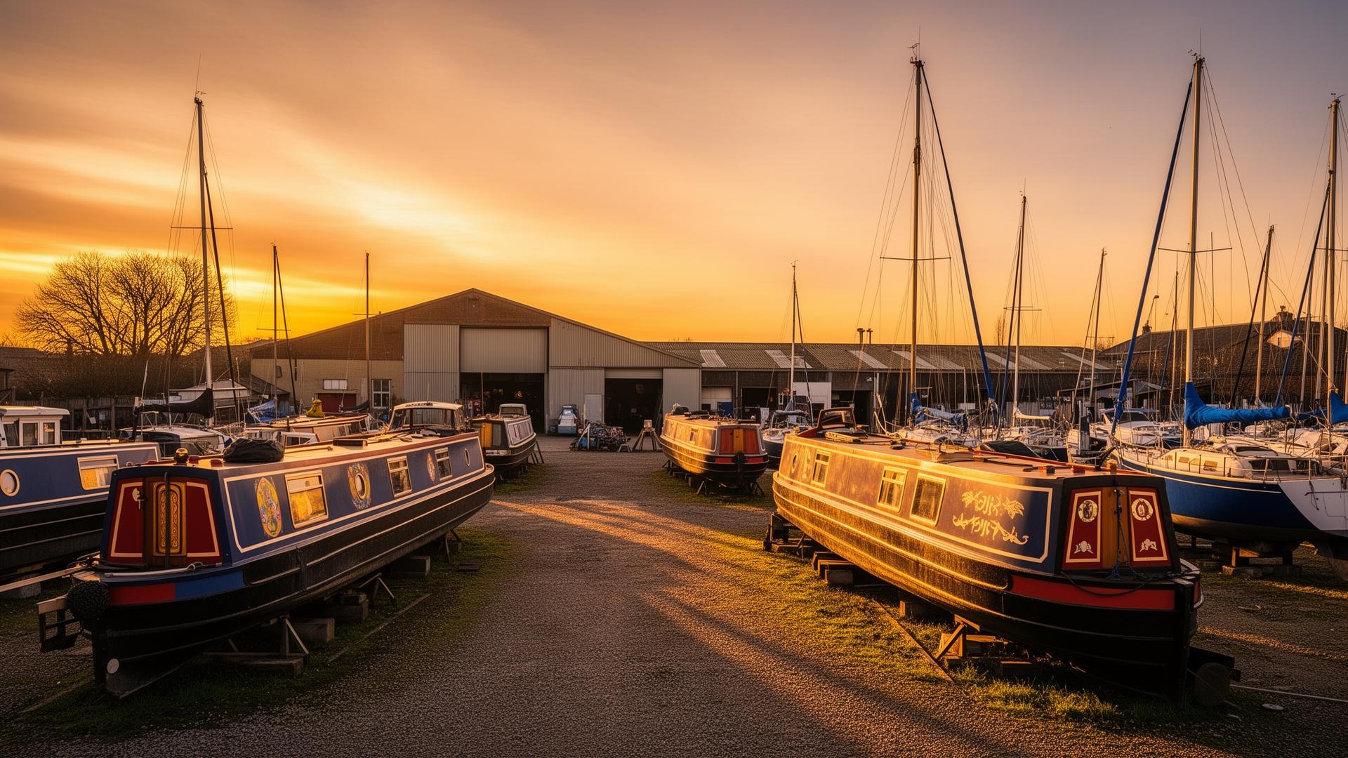 UK marina yard at golden hour with narrowboats on hardstanding